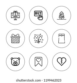 Gift icon set. collection of 9 outline gift icons with buy, christmas tree, confetti, heart, gift, paper bag, teddy bear icons. editable icons.