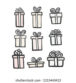 gift icon set. Color simple present box with ribbon. Hand drawing . Doodle style black ink. different variations pattern