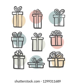 gift icon set. Color simple present box with ribbon. Hand drawing . Doodle style black ink. different variations