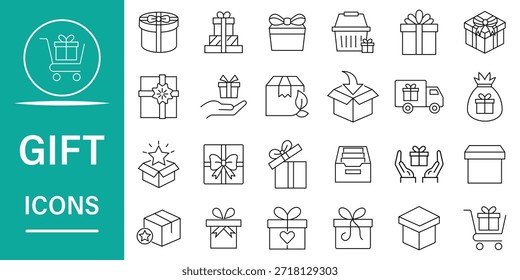 Gift icon set. Containing birthday, bonus, surprise, christmas, price and more concept. Set of 24 icons related to gift box. Vector illustration.