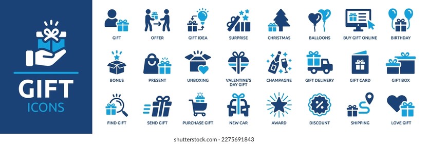 Gift icon set. Containing offer, surprise, gift idea, birthday, bonus, award, Christmas, discount and gift box icons. Solid icon collection.