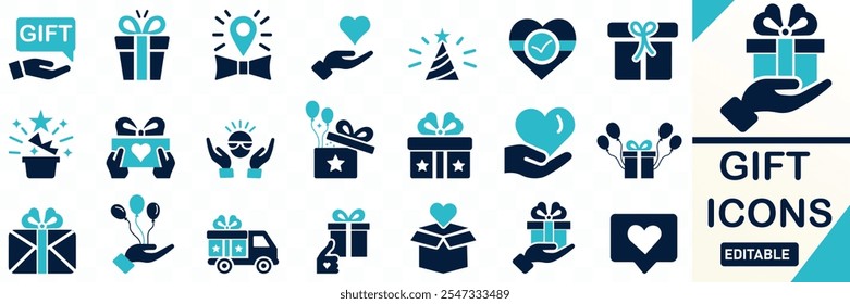 Gift icon set. Containing offer, surprise, gift idea, birthday, bonus, award, Christmas, Solid flat vector icon collection. 