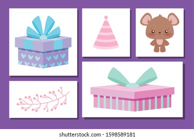 gift and icon set design, Happy birthday card celebration decoration surprise party anniversay and invitation theme Vector illustration
