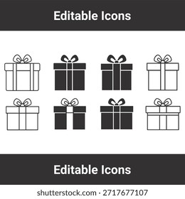 Conjunto de iconos de regalo con varias siluetas y contornos de caja envueltos con detalles de cinta y lazo