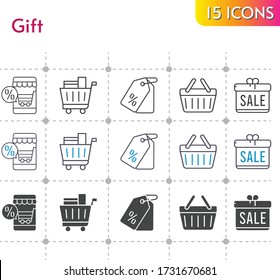 gift icon set. included gift, online shop, price tag, shopping cart, shopping-basket, shopping basket icons on white background. linear, bicolor, filled styles.