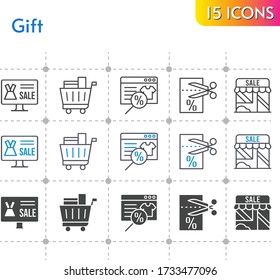gift icon set. included online shop, shop, voucher, shopping cart icons on white background. linear, bicolor, filled styles.