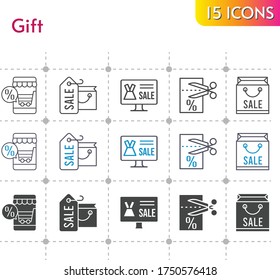 gift icon set. included online shop, shopping bag, voucher icons on white background. linear, bicolor, filled styles.