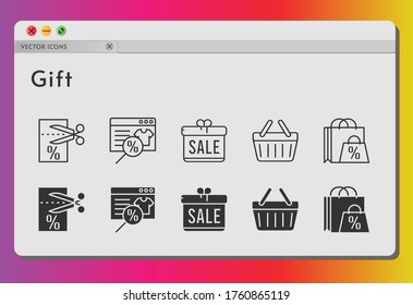 gift icon set. included gift, online shop, shopping bag, voucher, shopping-basket, shopping basket icons on white background. linear, filled styles.