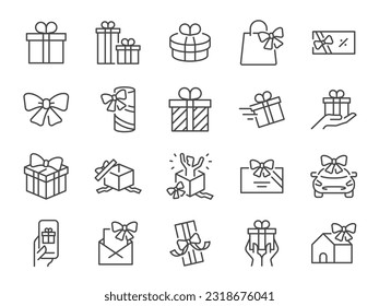 Gift icon set. It included present, allowance, award, benefit ,bonus, offering, and more icons. Editable Vector Stroke.