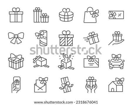 Gift icon set. It included present, allowance, award, benefit ,bonus, offering, and more icons. Editable Vector Stroke.