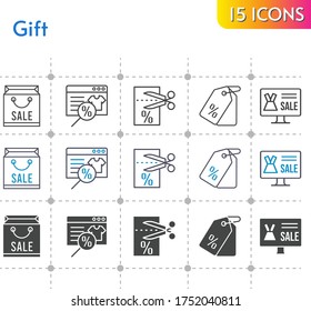 gift icon set. included shopping bag, online shop, voucher, price tag icons on white background. linear, bicolor, filled styles.
