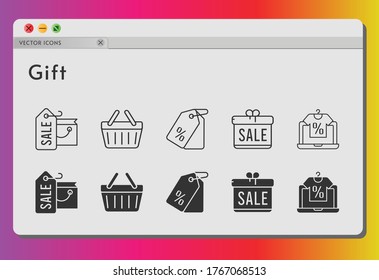 gift icon set. included gift, shopping bag, online shop, price tag, shopping-basket, shopping basket icons on white background. linear, filled styles.