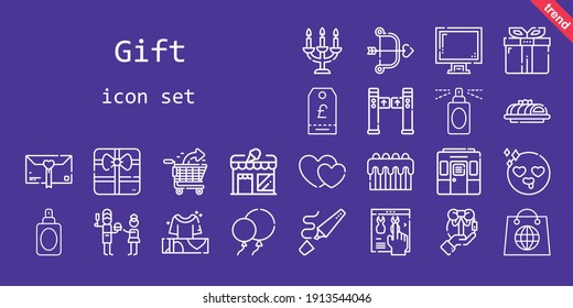 gift icon set. line icon style. gift related icons such as gift, balloons, father, display, store, perfume, cupid, online shop, turntiles, in love, highlighter, candelabra, cake, hearts, shopping cart