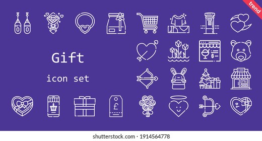 gift icon set. line icon style. gift related icons such as gift, online shopping, shop, christmas tree, bouquet, necklace, heart, cupid, online shop, carts, mailbox, tulips, chocolate box, boxing