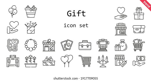 Geschenksymbol-Set. Zeilensymbol-Stil. Geschenkideen wie Liebe, Geschenk, Shop, Karten, Ballons, Briefkästen, Geschäfte, Box, Halskette, Laden, Warenkorb, Candelabra, Einkaufswagen, Bargeld, Zug, Geschenke, 