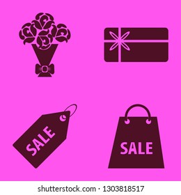 gift icon set with rose bouquet, sale tag and gift card vector illustration