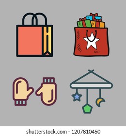 gift icon set. vector set about mittens, shopping bag and baby toy icons set.