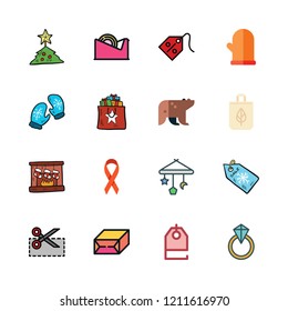 gift icon set. vector set about baby toy, christmas tree, tag and shopping bag icons set.