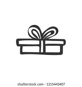 gift icon. Simple long and low present box with ribbon. Hand drawing . Doodle style black ink.