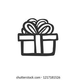 gift icon. Simple present box with ribbon and bow. Hand drawing . Doodle style black ink.