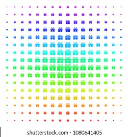 Gift icon spectrum halftone pattern. Vector gift pictograms organized into halftone grid with vertical spectral gradient. Designed for backgrounds, covers and abstract effects.