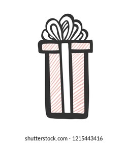 gift icon. Tall and long present box with striped pattern and with ribbon. Hand drawing . Doodle style .