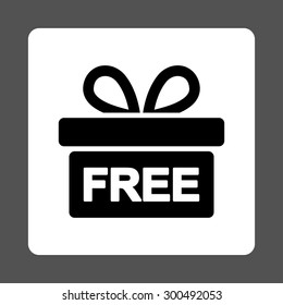 Gift icon. This flat rounded square button uses black and white colors and isolated on a gray background.