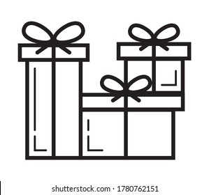 Gift icon vector in simple outline style. Sign of the gift boxes. The package is tied with a bow. Online donation illustration. The online store distributes prizes. 