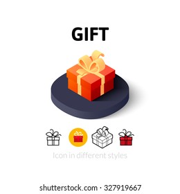 Gift Icon, Vector Symbol In Flat, Outline And Isometric Style