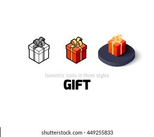 Gift icon, vector symbol in flat, outline and isometric style