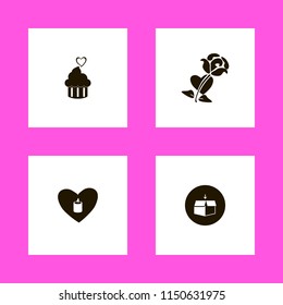 gift icons. candle heart, open box, cupcake heart and rose heart vector icons set