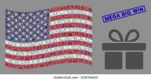 Gift icons are grouped into American flag mosaic with blue rectangle distressed stamp seal of Mega Big Win phrase. Vector composition of America waving official flag is combined of gift icons.