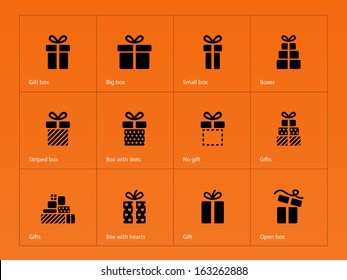 Gift icons on orange background. Vector illustration.