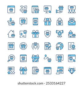 Gift icons. Outline symbols. Vector blue line icons set