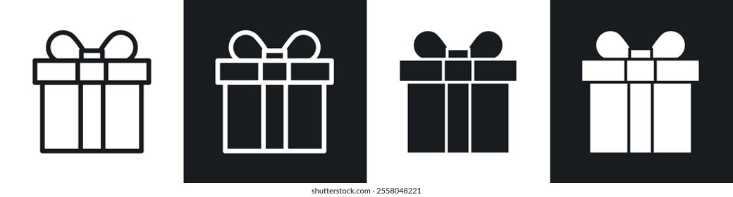 Gift icons pack in black and white filled and outlined versions.
