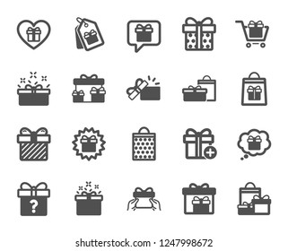 Gift icons. Present box, Offer and Sale. Shopping cart, Tag and Chat. Speech bubble, Give a gift box, question mark, birthday discount. Shopping sale cart, present tag, delivery. Vector