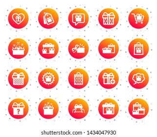 Gift icons. Present box, Offer and Sale. Shopping cart, Tag and Chat. Speech bubble, Give a gift box, question mark, birthday discount. Shopping sale cart, present tag, delivery. Gradient buttons set