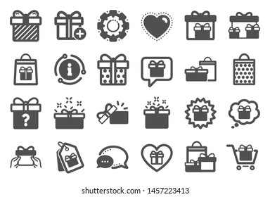 Gift icons. Present box, Offer and Sale. Shopping cart, Tag and Chat. Speech bubble, Give a gift box, question mark, birthday discount. Shopping sale cart, present tag, delivery. Quality set. Vector