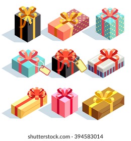 Gift icons and Present boxes. Present and gift color boxes with ribbon bows. 3D isometric vector icons