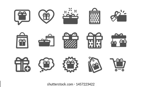 Gift icons. Present, Special offer and Sale. Shopping classic icon set. Quality set. Vector