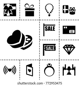 Gift icons. set of 13 editable filled gift icons such as diamond, parcel, sale, gift, box, sweet box, love card, present, ring, necklace