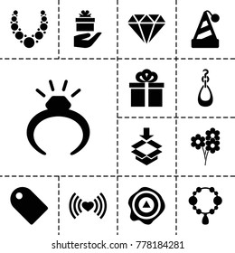 Gift icons. set of 13 editable filled gift icons such as ring, necklace, diamond, party hat, arrow up, box, tag, gift, earring, heart