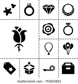 Gift icons. set of 13 editable filled gift icons such as diamond, box, party pipe, cookie, balloon, ring, necklace, tag, rose