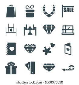 Gift icons. set of 16 editable filled gift icons such as parcel, tag, present, shopping bag, sale, box, notebook with heart, party pipe, cookie, gift, love card, gem, diamond