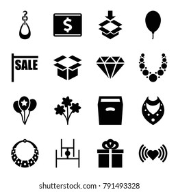 Gift icons. set of 16 editable filled gift icons such as diamond, necklace, heart, sale, bouquet, box, balloon, gift, earring