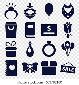 Gift icons set. set of 16 gift filled icons such as present, ring, necklace, earring, rose, box, notebook with heart, bow, balloon, photo album, sale, shopping bag