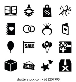 Gift icons set. set of 16 gift filled icons such as ring, gift, box, notebook with heart, rings, balloon, cookie, confetti, love card, photo album, sale, shopping sale