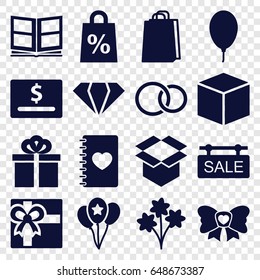 Gift icons set. set of 16 gift filled icons such as gem, gift, shopping bag, box, notebook with heart, bow, rings, balloon, photo album, sale tag, shopping sale, dollar card