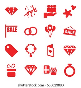 Gift icons set. set of 16 gift filled icons such as gem, present, necklace, diamond, diamond, cookie, confetti, balloon, love card, tag, sale, gift, engagement ring