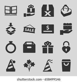 Gift icons set. set of 16 gift filled icons such as box, heart lock, party hat, ring in box, photo album, sale, question box, shopping bag, dollar card, ring